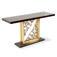 Луксозна конзолна маса със златна основа и тъмен плот – фронтален изглед