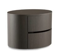 Модерно нощно шкафче с овална форма и две удобни чекмеджета. Подходящо за спалня или стилен интериор.