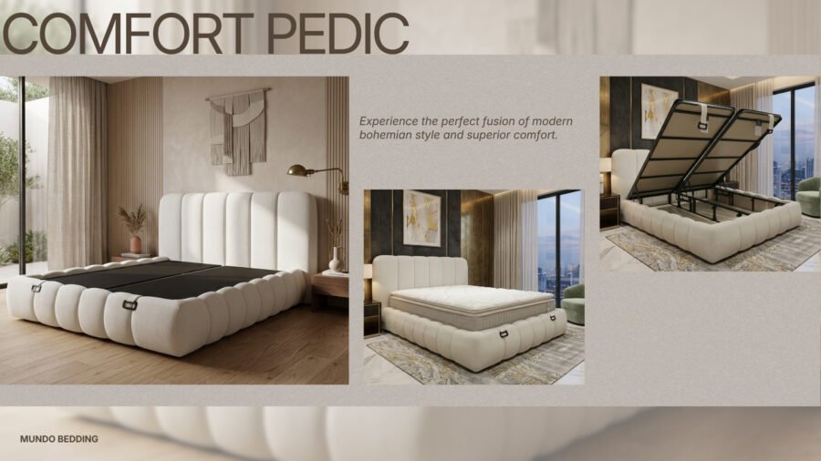 Mundo Comfort Pedic е тапицирано легло за спалня в размер 180x200. Моделът е в категория Спалня > Легла и е подходящ за модерен интериор. Конфигурация: Ракла. Комплектът е ориентиран към комфорт, стабилност и чиста визия.