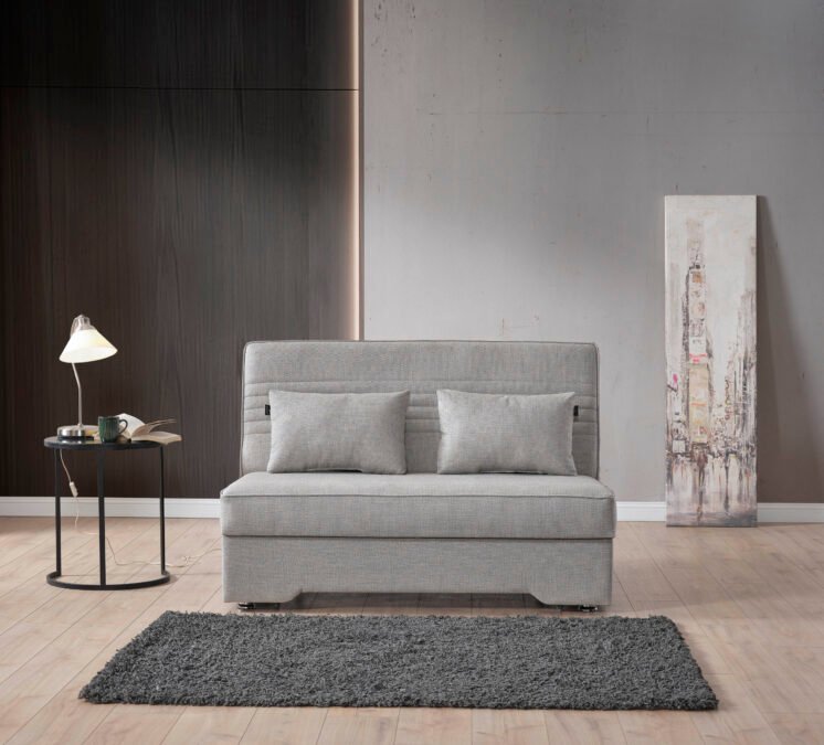 Разтегателен Диван Forliva с Ракла – Компактен Дизайн и Текстурирана Сива Дамаска