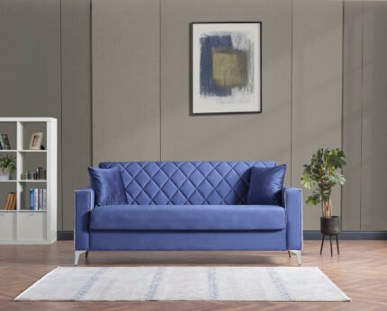 Дизайнерски Диван Vienna – Кралско Синьо Кадифе с Ромбоидно Капитониране и Хромирани Крачета.