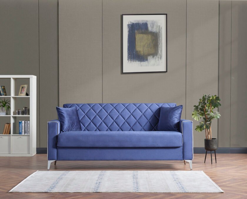 Дизайнерски Диван Vienna – Кралско Синьо Кадифе с Ромбоидно Капитониране и Хромирани Крачета.