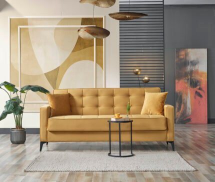 Дизайнерски Диван Norden – Слънчево Жълто Кадифе с Елегантно Капитониране
